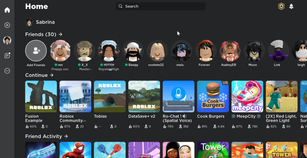 Home page of the Roblox App