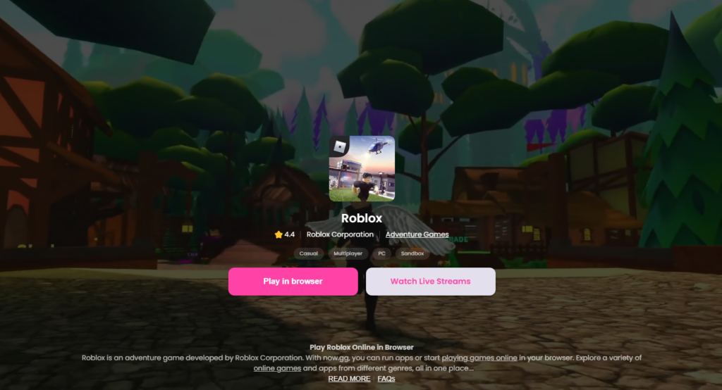Now.gg Roblox menu with a Play in Browser button