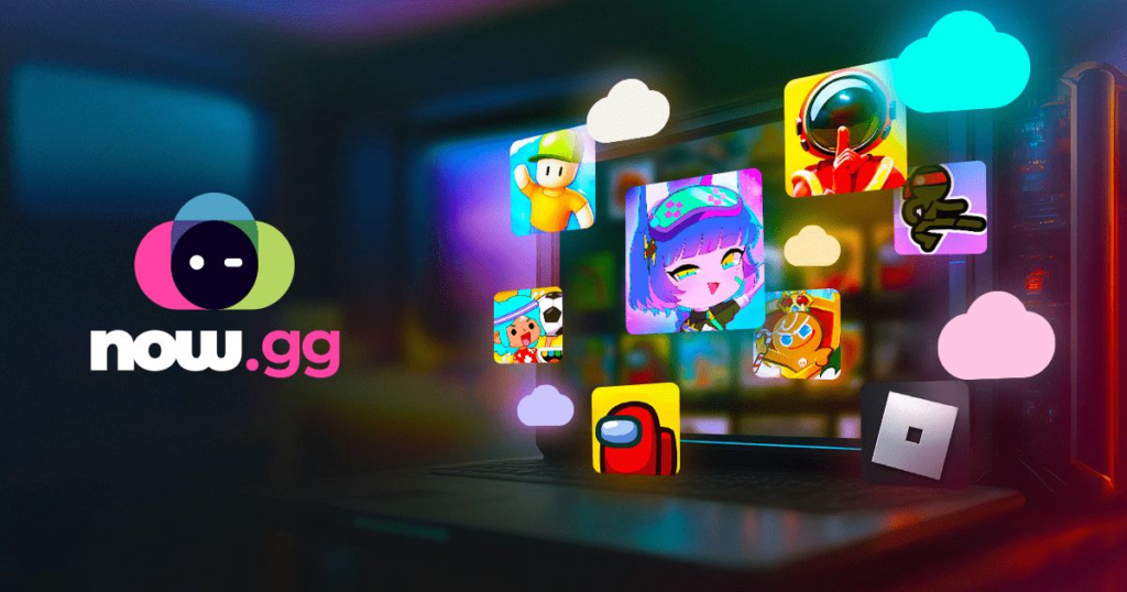 Now.gg banner featuring games like Roblox