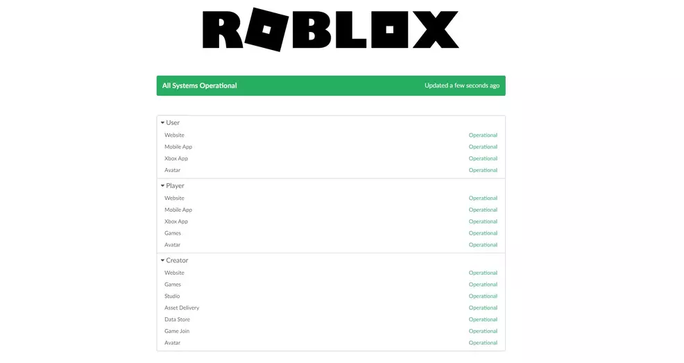 Roblox's server status page with all systems operational