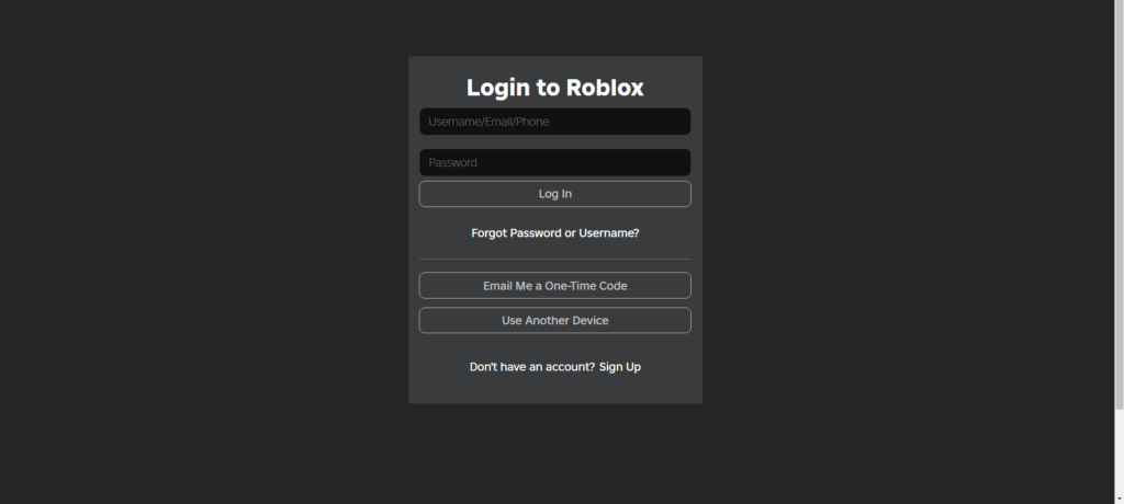 Roblox log-in screen