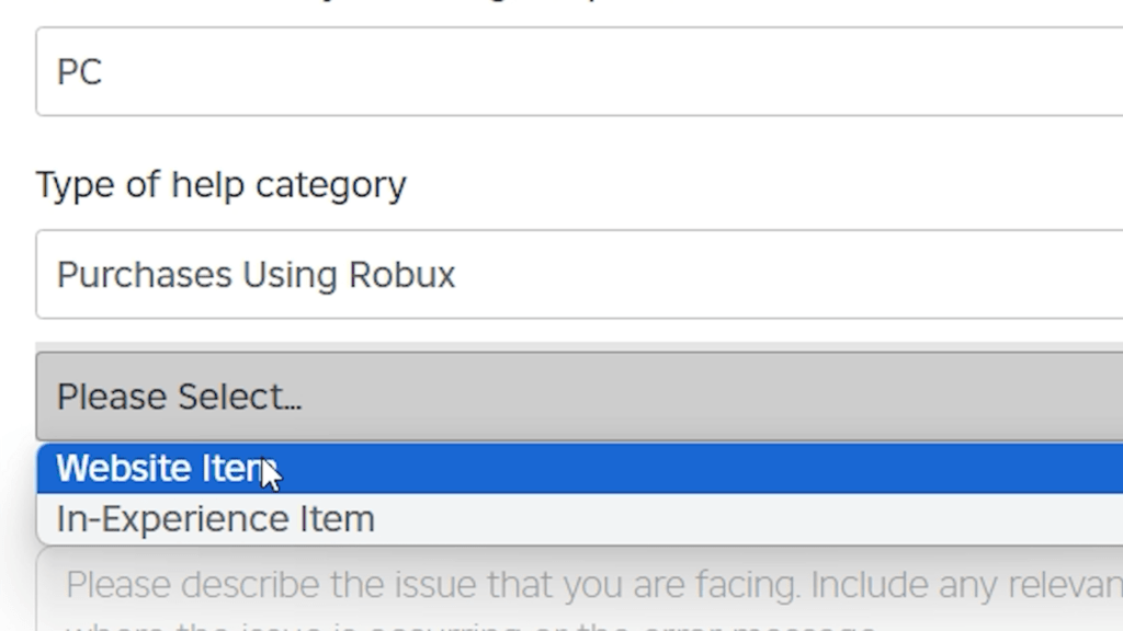 Roblox support page selecting Website Item through the Type of help category.