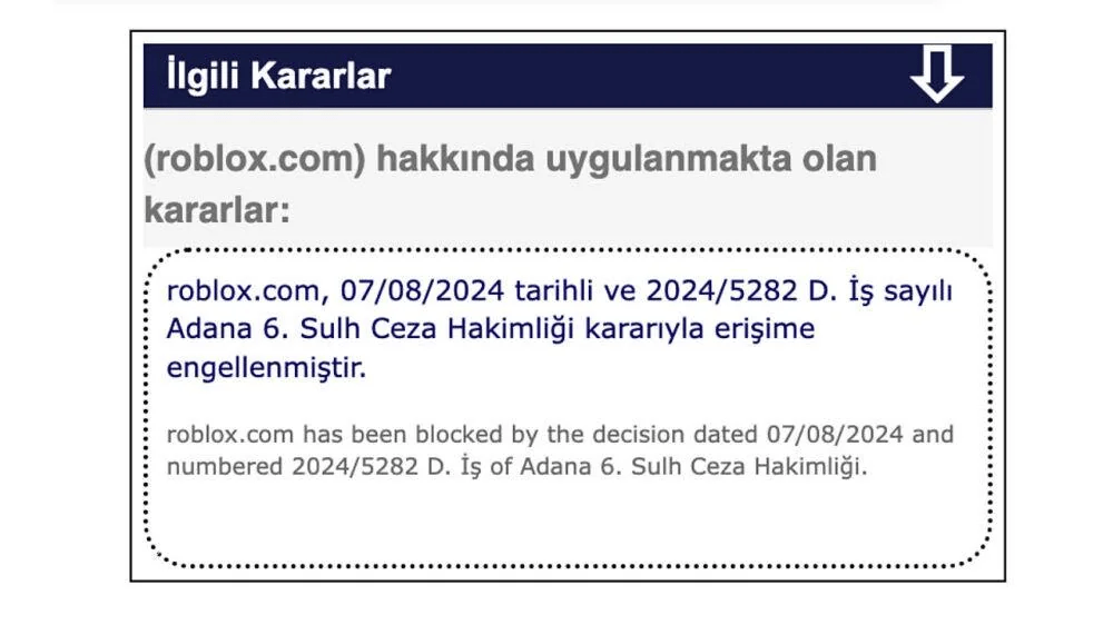 Screenshot from a Turkish website detailing about the Government ban of Roblox